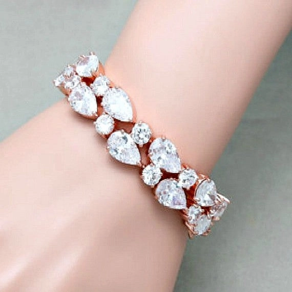 Rose Gold Cubic Zirconia Bridal Bracelet. CZ Crystal Bridal Wedding Cuff Bracelet. Tennis Crystal Bracelet. Blush Rose Gold Wedding Jewelry