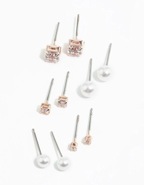 Rose Gold Diamante Stud Earring 5-Pack