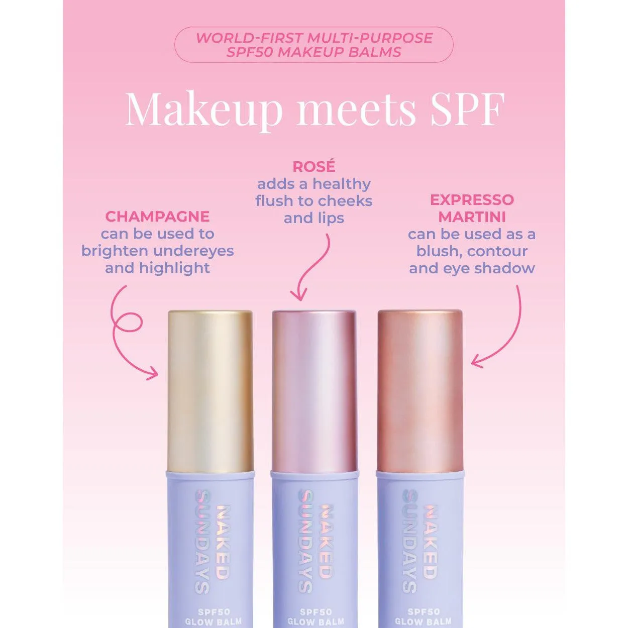 SPF50 Sheer Glow Balm Sticks Trio Set (Rosé, Champagne, Espresso Martini)