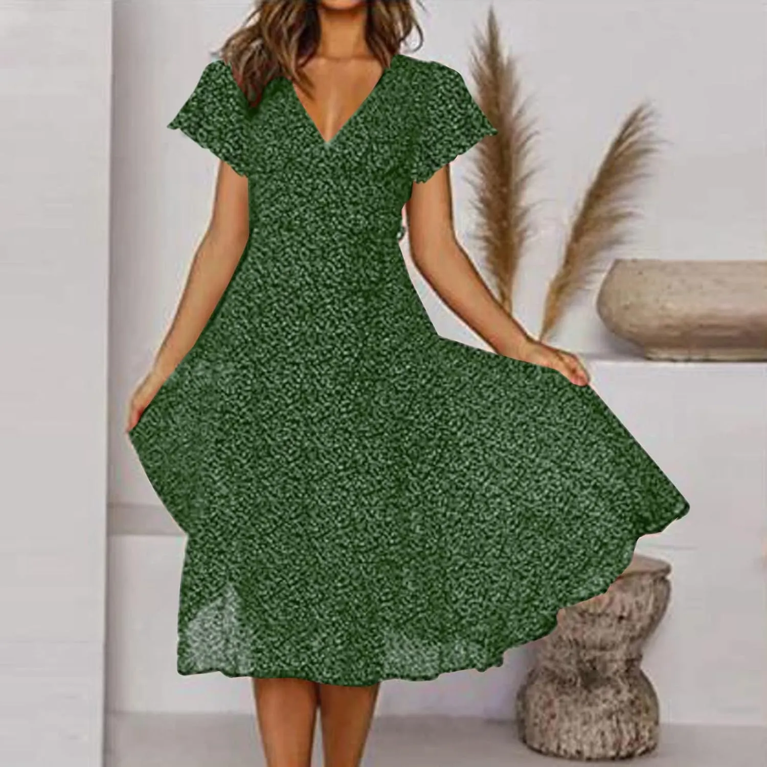 Summer Dresses for Women Floral Boho Dress Beach Casual Mid Length Dress Short Sleeve Flowy Elegant Midi Dresses