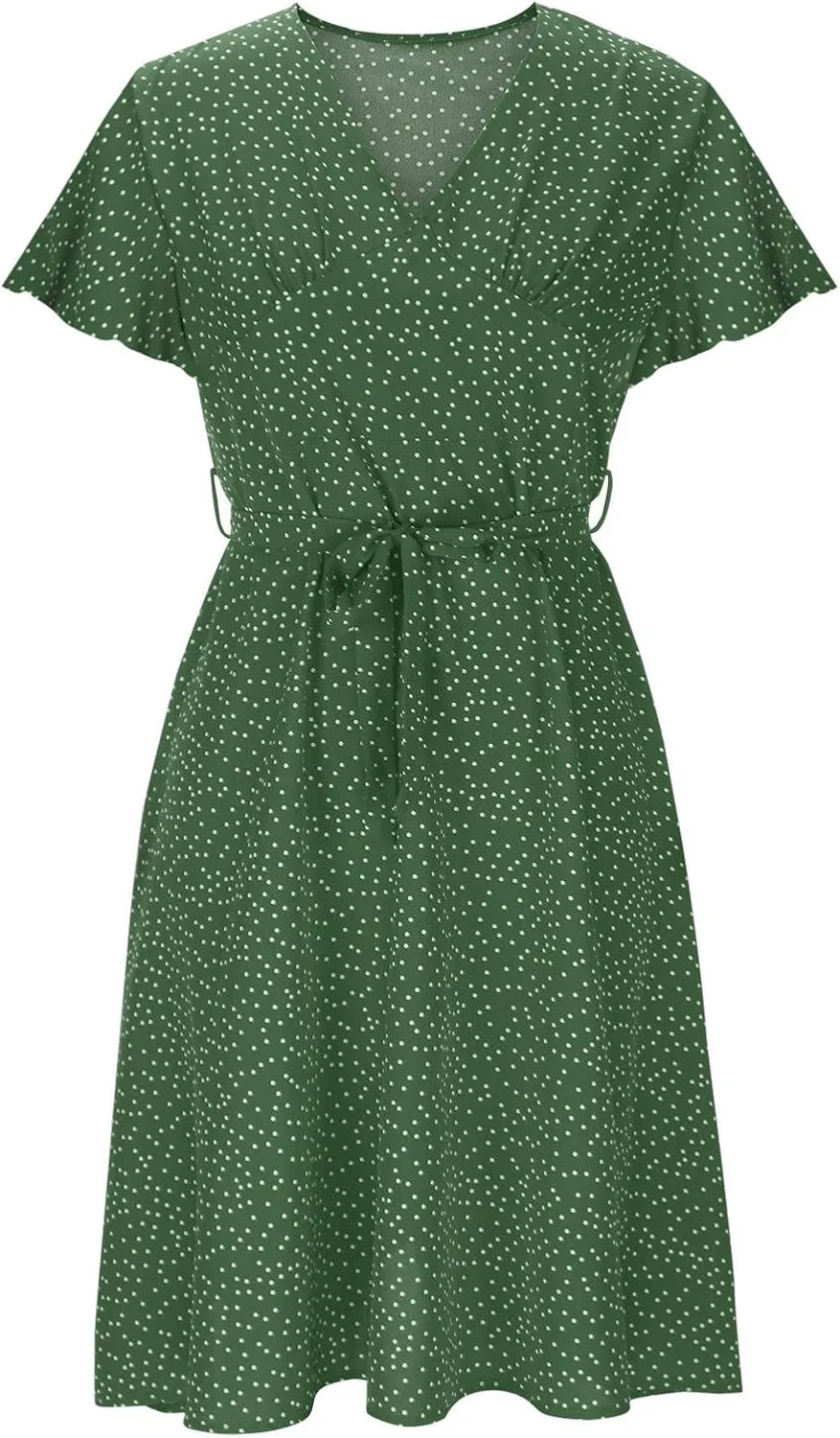 Summer Dresses for Women Floral Boho Dress Beach Casual Mid Length Dress Short Sleeve Flowy Elegant Midi Dresses