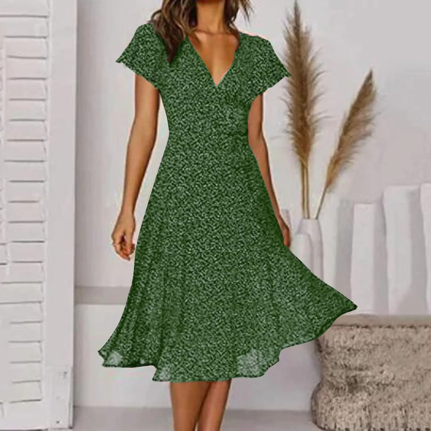 Summer Dresses for Women Floral Boho Dress Beach Casual Mid Length Dress Short Sleeve Flowy Elegant Midi Dresses