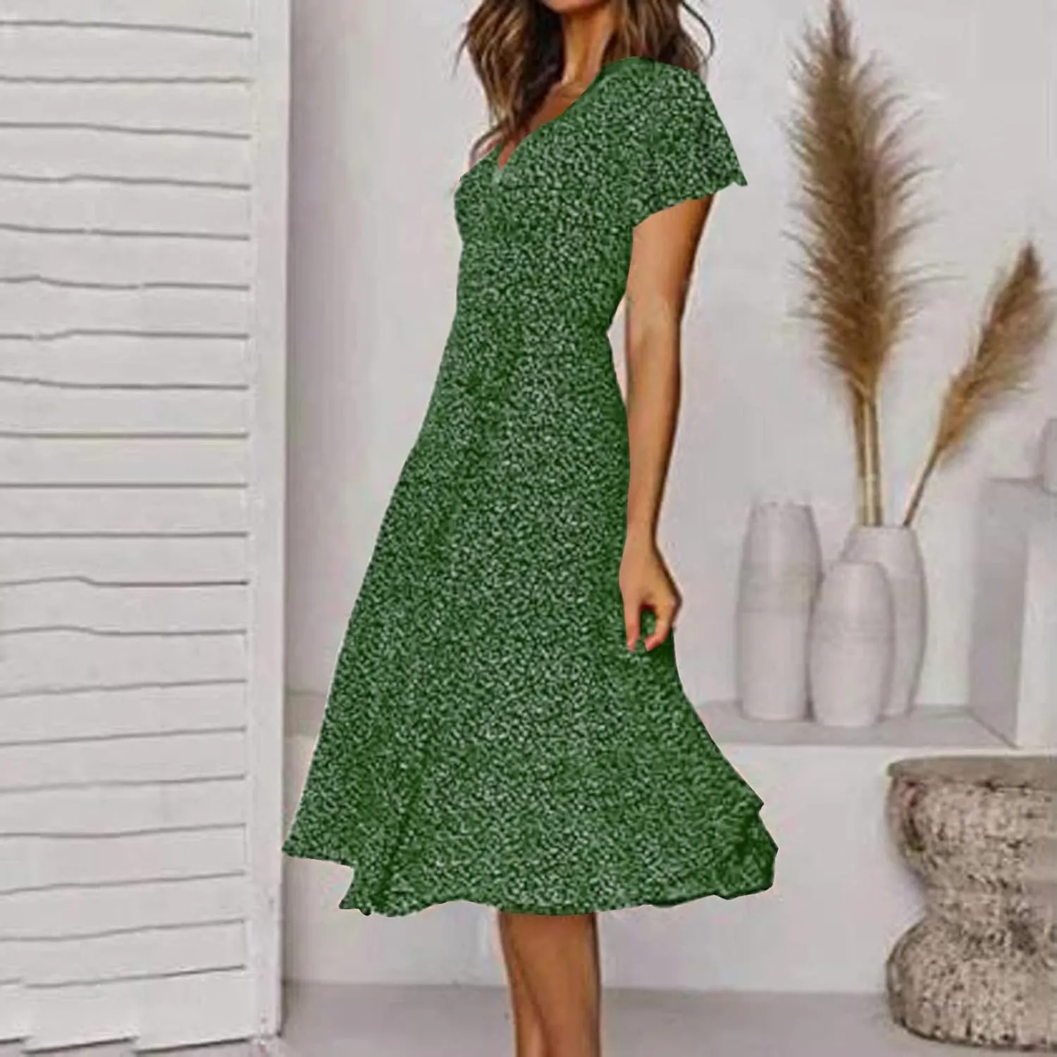Summer Dresses for Women Floral Boho Dress Beach Casual Mid Length Dress Short Sleeve Flowy Elegant Midi Dresses