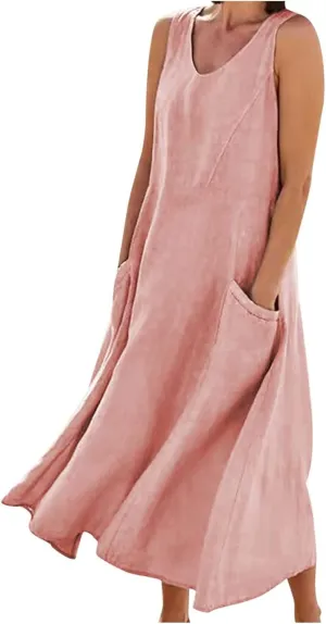 Sun Dresses Women Summer Casual Sexy Sleeveless Cotton Linen Scoop Neck Ruffle Flowy Long Maxi Dress with Pockets