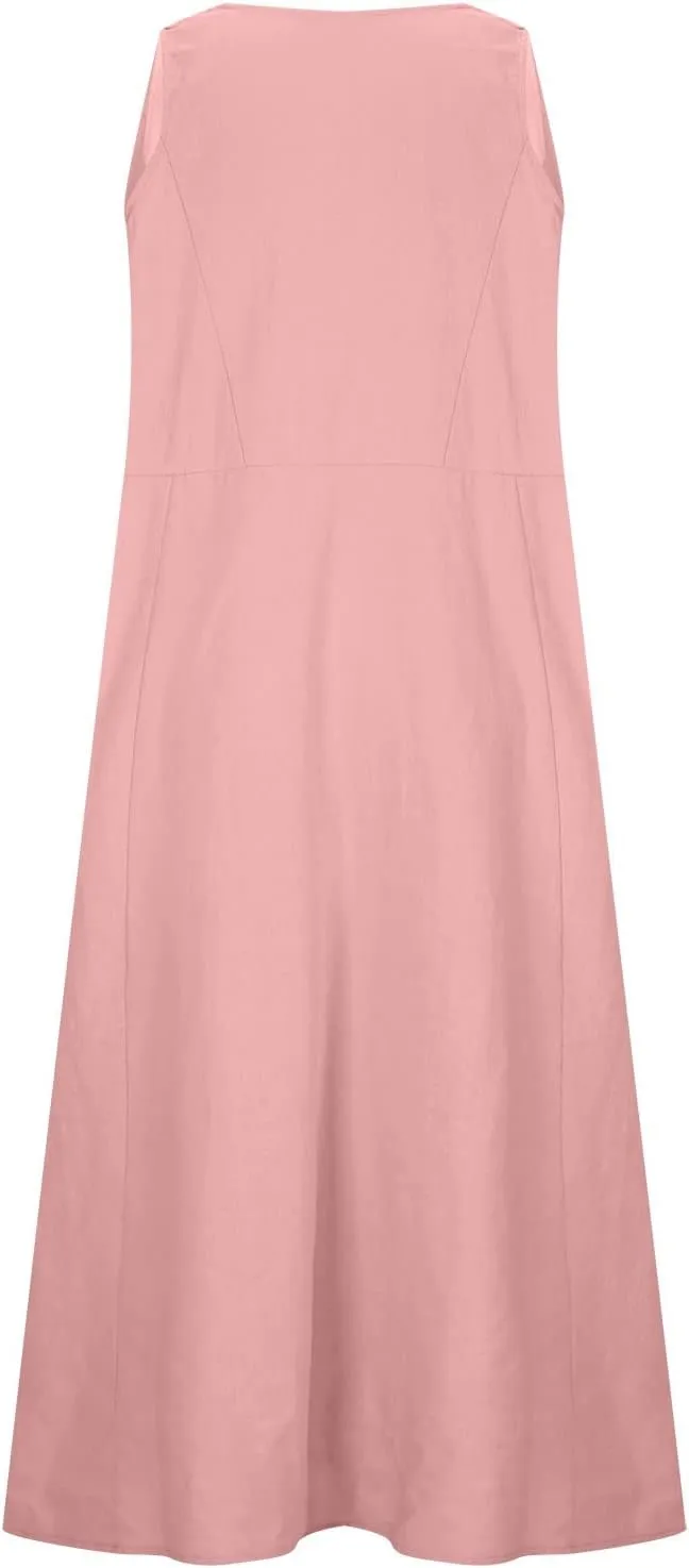 Sun Dresses Women Summer Casual Sexy Sleeveless Cotton Linen Scoop Neck Ruffle Flowy Long Maxi Dress with Pockets