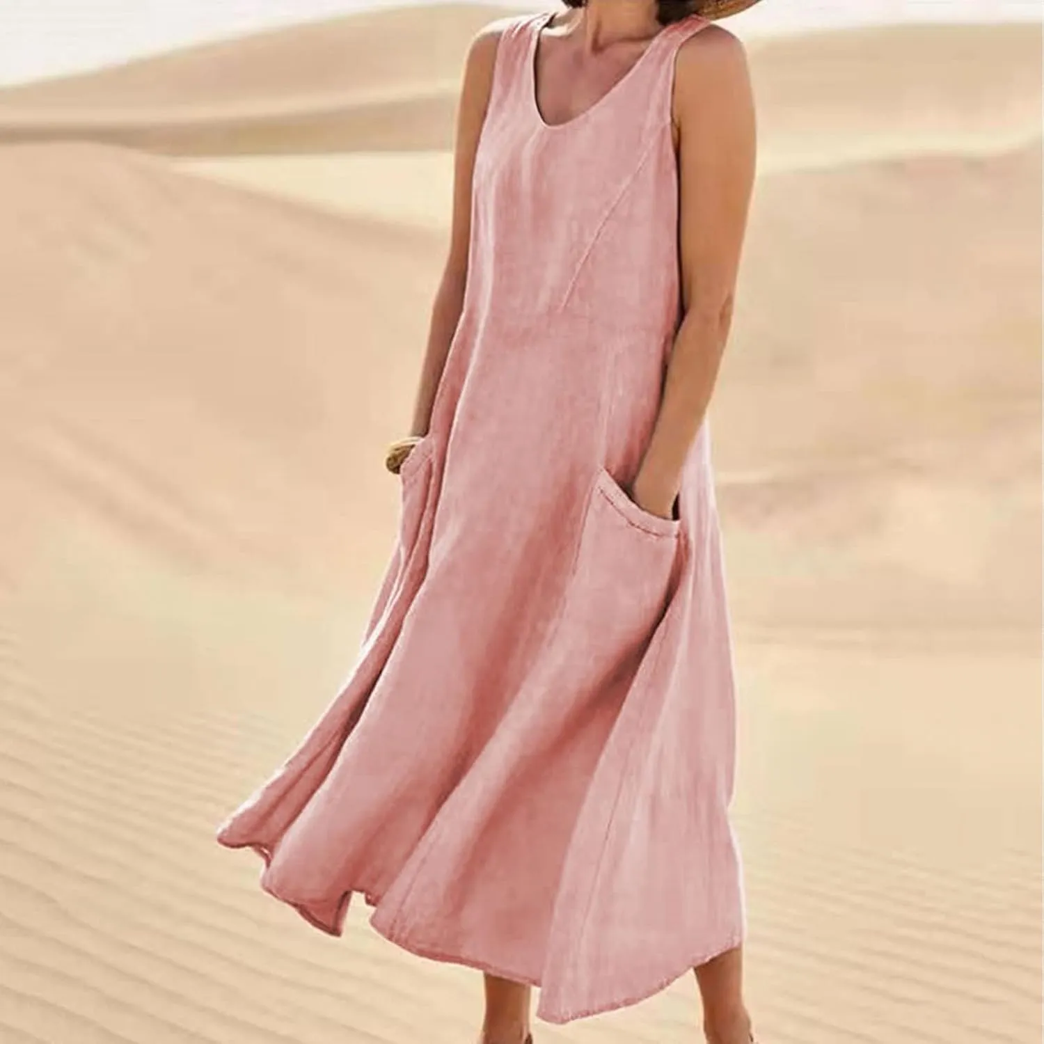 Sun Dresses Women Summer Casual Sexy Sleeveless Cotton Linen Scoop Neck Ruffle Flowy Long Maxi Dress with Pockets