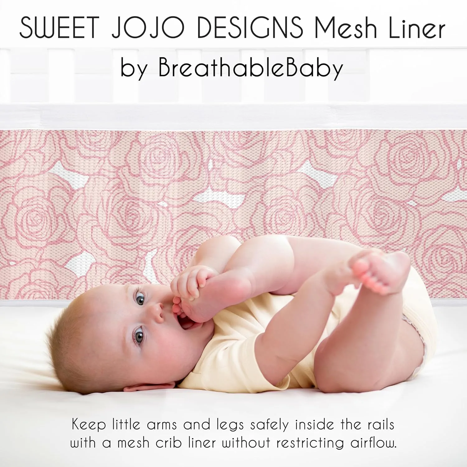 Sweet Jojo Designs   BreathableBaby Pink Floral Rose Girl Breathable Mesh Crib Liner Anti-Bumper Baby Infant Solid Light Blush Flower Luxurious Elegant Princess Vintage Boho Shabby Chic Luxury Roses