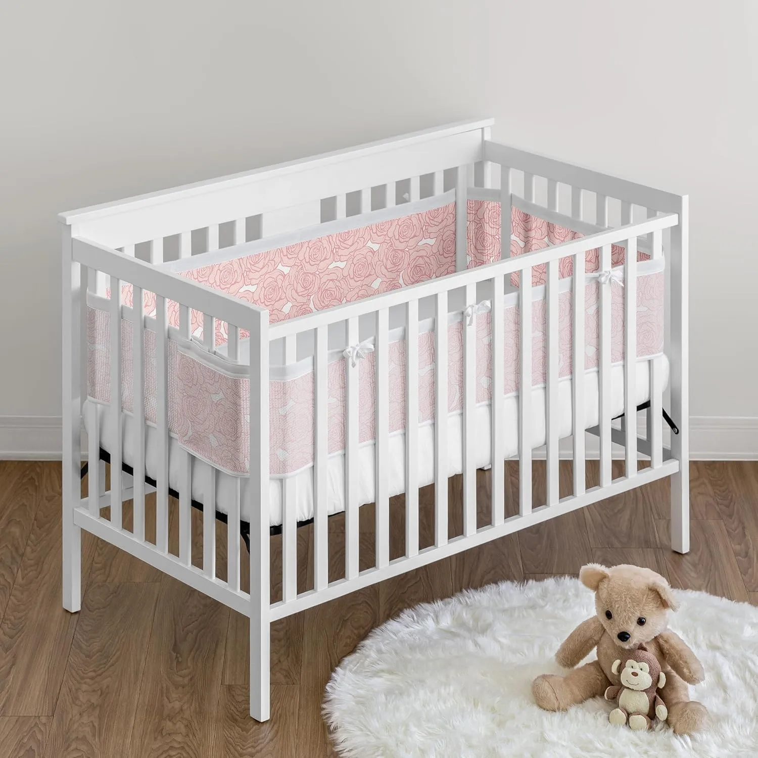 Sweet Jojo Designs   BreathableBaby Pink Floral Rose Girl Breathable Mesh Crib Liner Anti-Bumper Baby Infant Solid Light Blush Flower Luxurious Elegant Princess Vintage Boho Shabby Chic Luxury Roses