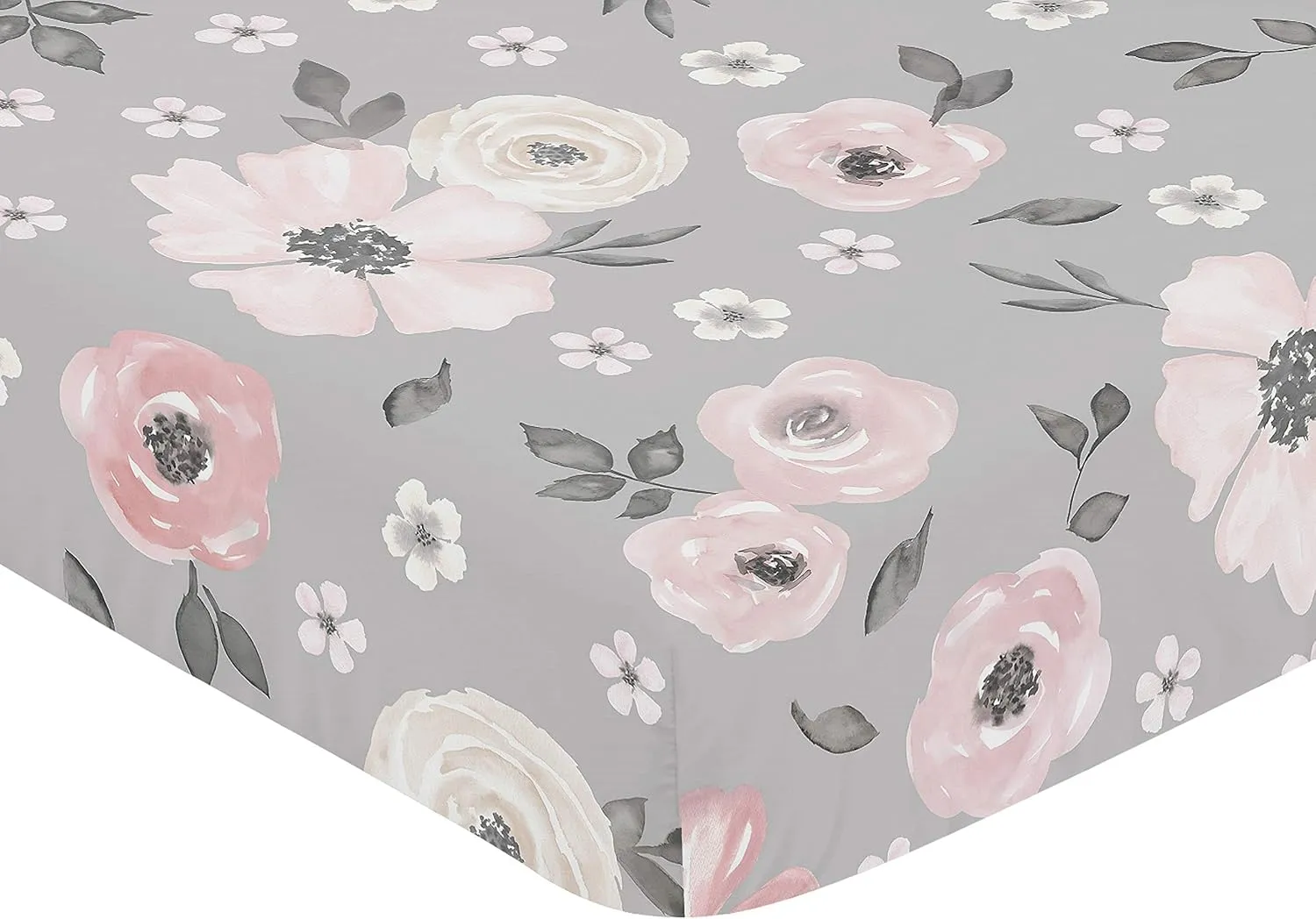 Sweet Jojo Designs Grey Watercolor Floral Girl Fitted Crib Sheet Baby or Toddler Bed Nursery - Blush Pink Gray and White Shabby Chic Rose Flower Farmhouse
