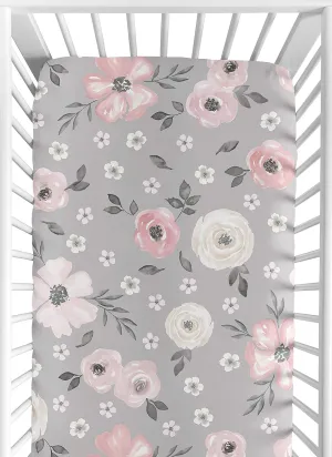Sweet Jojo Designs Grey Watercolor Floral Girl Fitted Crib Sheet Baby or Toddler Bed Nursery - Blush Pink Gray and White Shabby Chic Rose Flower Farmhouse