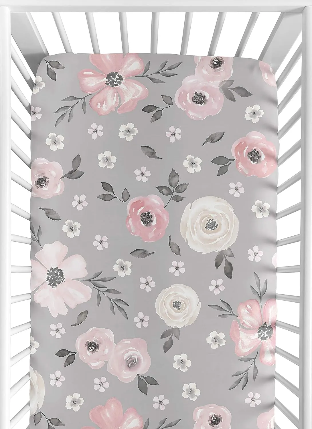 Sweet Jojo Designs Grey Watercolor Floral Girl Fitted Crib Sheet Baby or Toddler Bed Nursery - Blush Pink Gray and White Shabby Chic Rose Flower Farmhouse