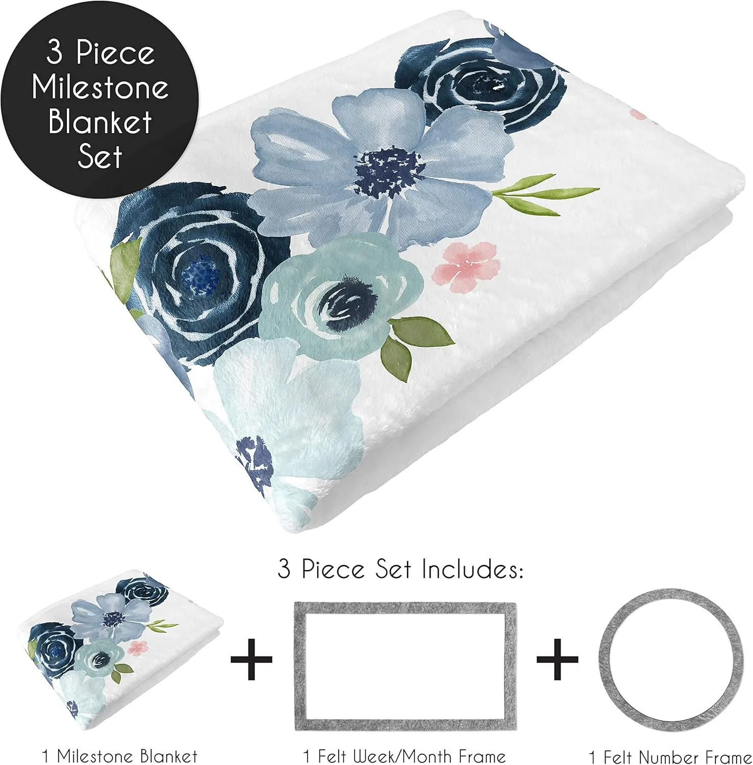 Sweet Jojo Designs Watercolor Floral Girl Milestone Blanket Monthly Newborn First Year Growth Mat Baby Shower Memory Keepsake Gift Picture - Navy Blue and Blush Pink Boho Shabby Chic Rose Flower