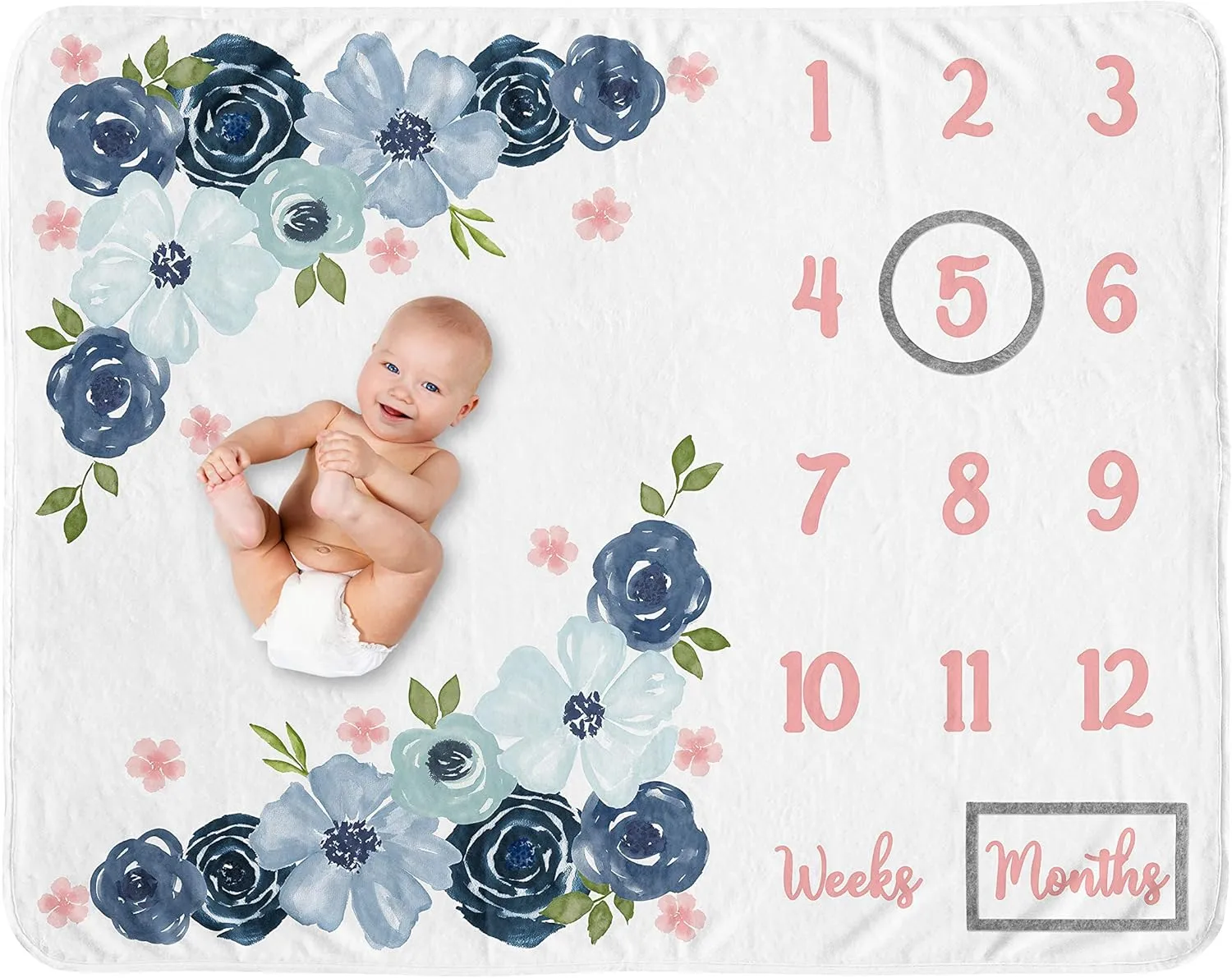 Sweet Jojo Designs Watercolor Floral Girl Milestone Blanket Monthly Newborn First Year Growth Mat Baby Shower Memory Keepsake Gift Picture - Navy Blue and Blush Pink Boho Shabby Chic Rose Flower