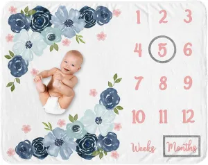 Sweet Jojo Designs Watercolor Floral Girl Milestone Blanket Monthly Newborn First Year Growth Mat Baby Shower Memory Keepsake Gift Picture - Navy Blue and Blush Pink Boho Shabby Chic Rose Flower