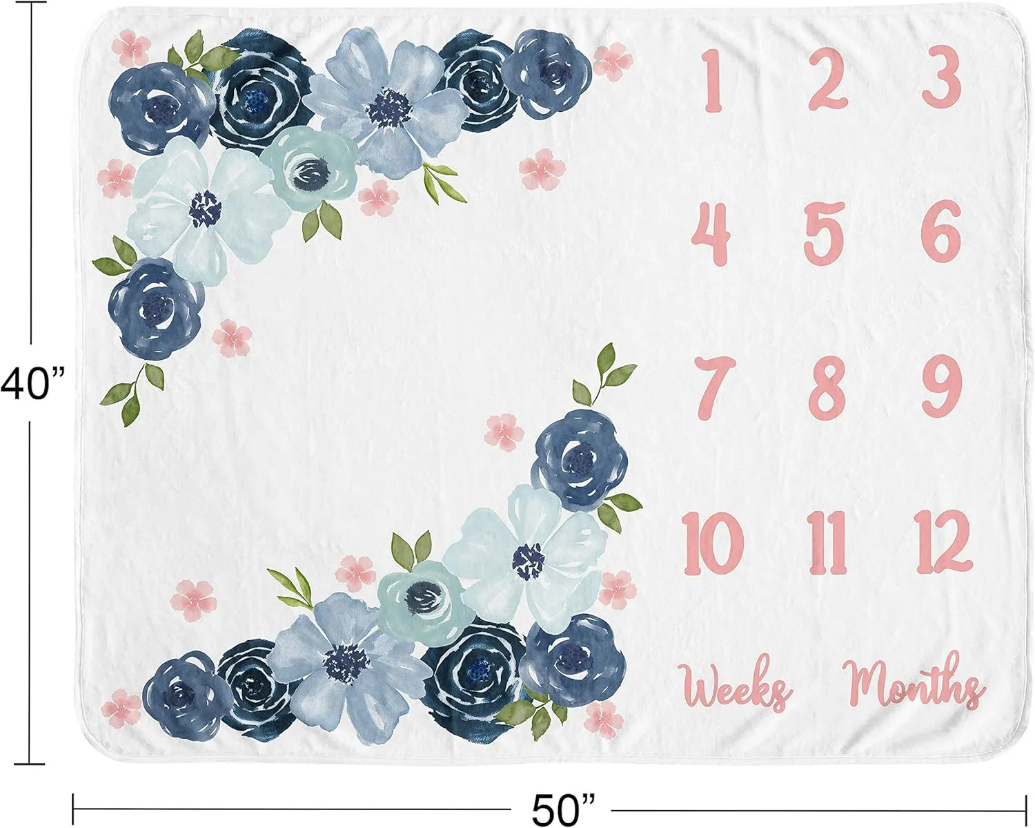Sweet Jojo Designs Watercolor Floral Girl Milestone Blanket Monthly Newborn First Year Growth Mat Baby Shower Memory Keepsake Gift Picture - Navy Blue and Blush Pink Boho Shabby Chic Rose Flower