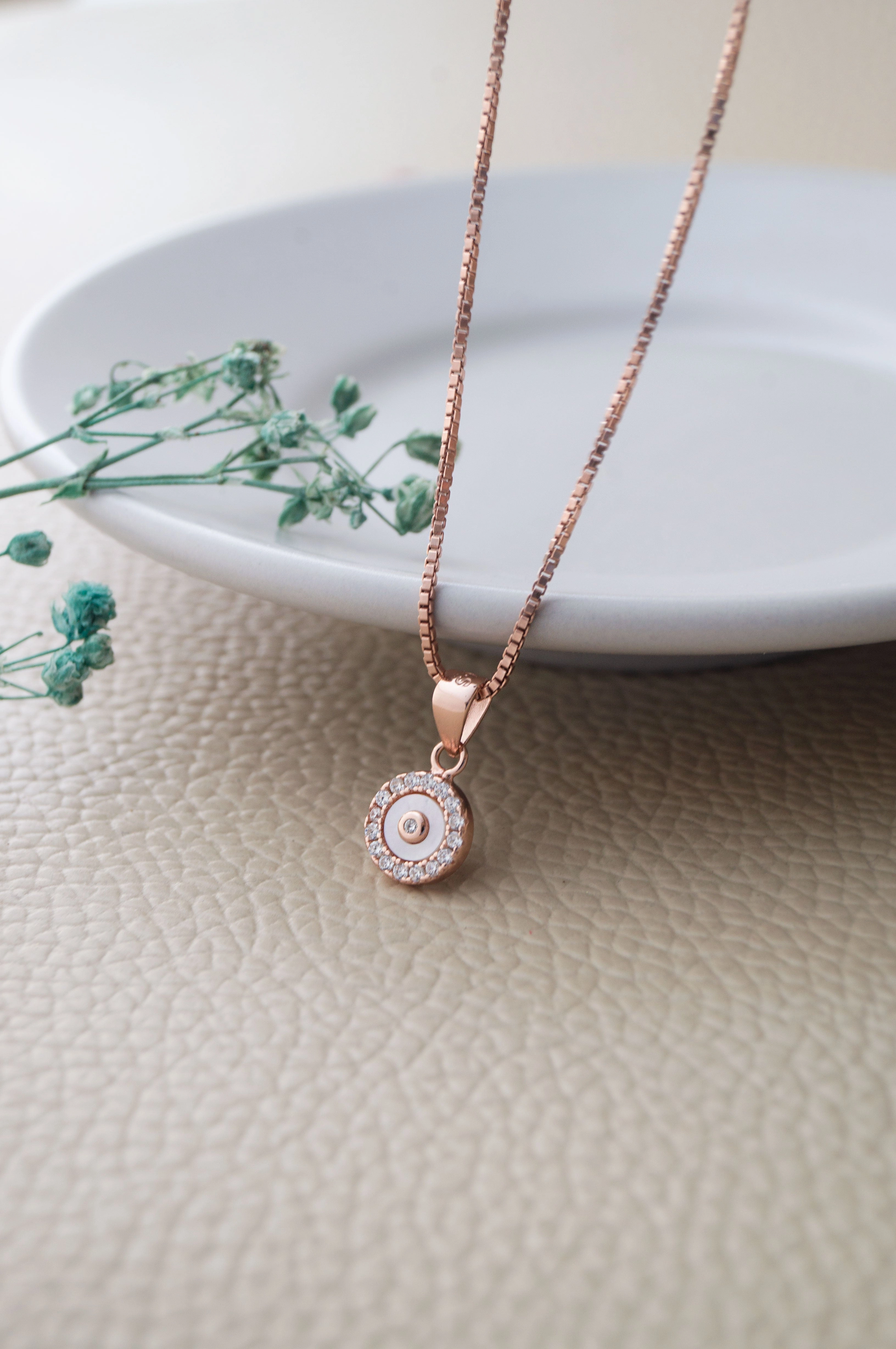 Tiny Mother Of Pearl Circlet Rose Gold Plated Sterling Silver Pendant Set