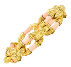 Van Cleef & Arpels French 1960's Angel Skin Coral 18 Karat Yellow Gold Textured Link Vintage Bracelet